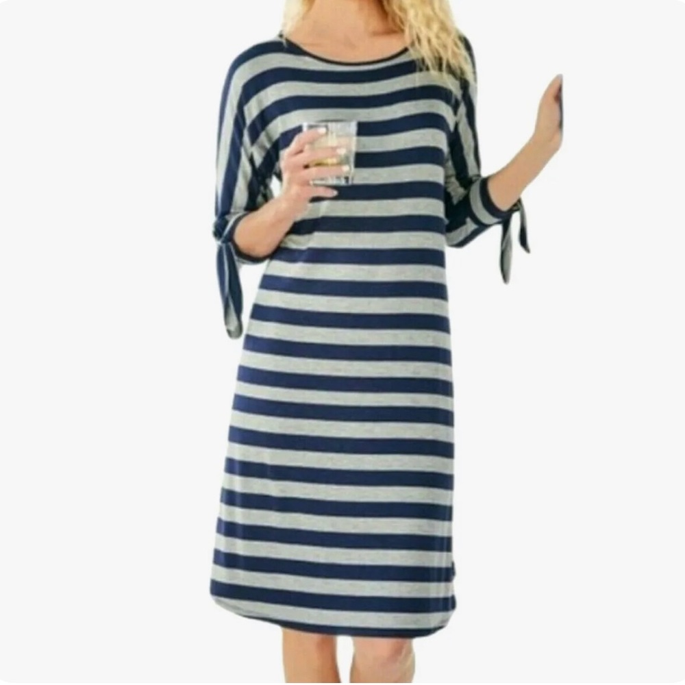 Soft Surroundings Adrift Dress M Striped Tie Cuffs Dolman Sleeves Navy Gray - Picture 1 of 8